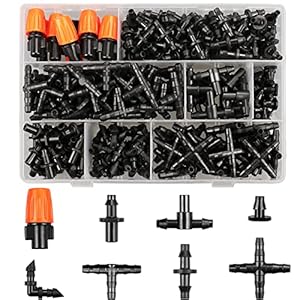 Drip Irrigation Fittings Kit for 1/4″ Tubing, 260 Pcs Drip Line Connectors for Drip Systems – 10 Nozzles,10 Nozzle Tees,25 Single barbs,25 4-way Connectors,25 End Plugs,25 Elbows,55 Tees,85 Couplings