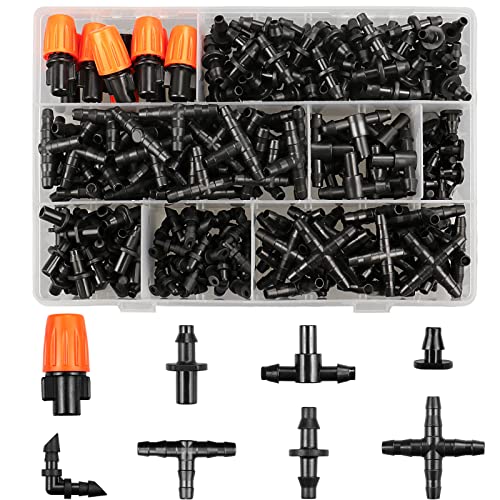 Drip-Irrigation-Fittings-Kit-for-14-Tubing-260-Pcs-Drip-Line-Connectors-for-Drip-Systems-10-Nozzles10-Nozzle-Tees25-Single-barbs25-4-way-Connectors25-End-Plugs25-Elbows55-Tees85-Couplings