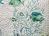 Cynthia Rowley Tropical Underwater Fish Starfish Coastal 3 PC Full Queen Quilt and Shams Set Aqua Blue, Lime Green on White Background