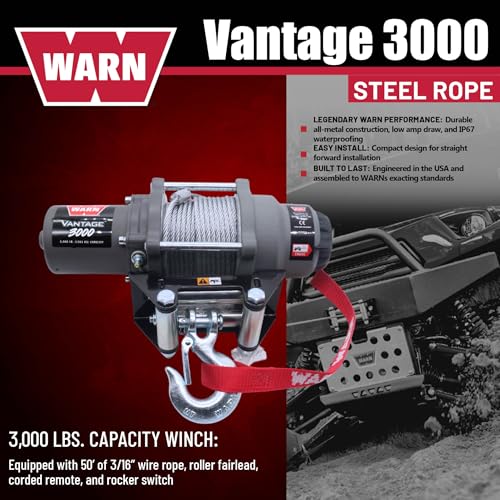 Image of WARN Vantage 3000 12V DC ATV /UTV Winch - 3000 lb Pull Capacity, 50 Ft 3 /16 inch Wire Rope, Roller Fairlead, Fully Sealed Motor, 3-Stage Planetary, Handlebar Mini Rocker & Corded Remote (108213)