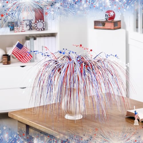 Image of DoubleFill 6 Pack 27.6 Inch 4th of July Fireworks Memorial Day Patriotic 250th Table Centerpiece Red White and Blue Stem Picks Star American Independence Day Decorations Table Centerpieces Decor