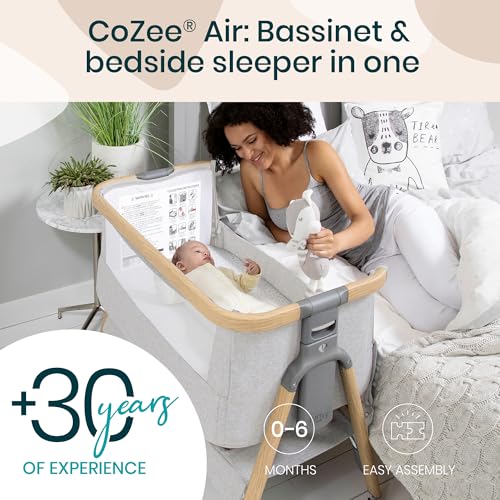 Image of Tutti Bambini CoZee Air Baby Bassinet & Bedside Sleeper - Rocking Bassinet for Baby, Fast-Folding with Travel Bag, Deluxe Airflow Mattress & 6 Mattress Heights, 0-6 Months (Silver & Oak)