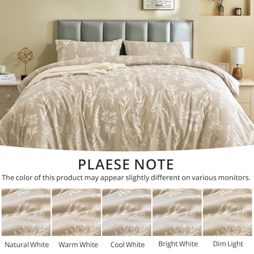 MUXHOMO Duvet Cover King Size, Reversible Floral Beige Duvet Cover Set with Zipper Closure, 3 Pieces Botanical Patterns Soft Microfiber Bedding Set (90"x104", 2 Pillow Cases 20"×36")
