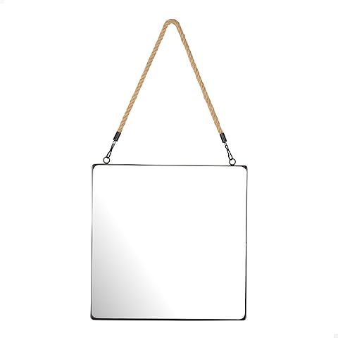 AKTIVE MAX Home Espejo Pared Cuadrado 30x30 cm, Cuerda Decorativa, Marco Metal, Cristal, Espejo metálico Negro, Fácil fijación (Tornillos no incluidos), para baños, dormitorios (18451)