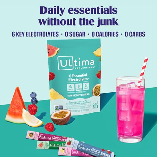 Image of Ultima Replenisher Daily Electrolyte Powder - Tropical Variety Pack, 20 Stickpacks - Zero Sugar Hydration Packets with 6 Electrolytes and Minerals - Sugar Free, Plant Based & Keto Friendly​ Drink Mix