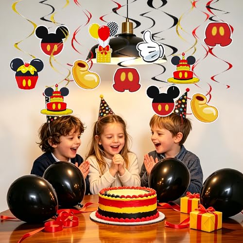 Image of Pre-Strung Red Yellow Birthday Hanging Swirl Decorations,Mouse Birthday Party Ceiling Streamers, Mouse Theme Party Supplies, Party Favors for Boys Kids(38 Pcs)
