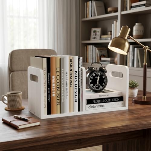 Image of 100% Solid Wood Adjustable Desktop Bookshelf With Movable Divider, Retro Tabletop Bookshelf With Convenient Handle Design for Living Room, Home, Office, Perfect for Magazines, Books, Files (White)