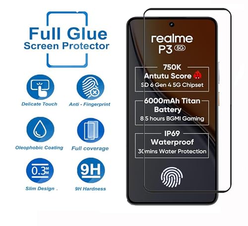 Image of Tempered Glass Screen Protector Compatible For Realme P3 5G (6.67 Inch, Pack of 1) Black Cellphone With Edge-To-Edge Protector Coverage And Easy Installation Kit (