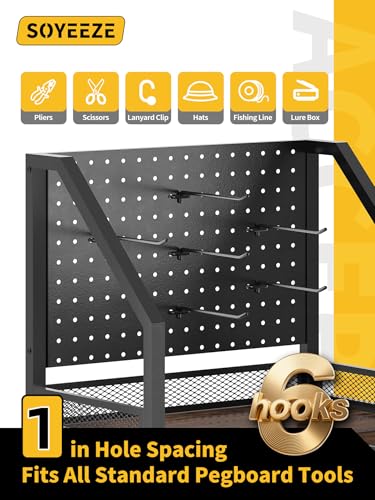 Image of SOYEEZE Fishing Rod Holders for Garage, Fishing Pole Holders Up to 12 Rods with Pegboard and Hooks,Rolling Fishing Cart with Wheels, Fishing Gear Storage For Tackle Box & Reel Organization-6 Hooks