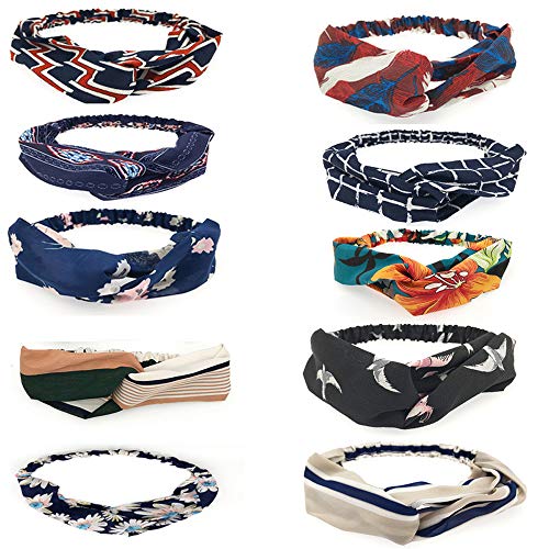 Kollway 10 Pack Women's Headbands Boho Flower Printing Twisted Criss Cross Elastic Hair Band Accessories
