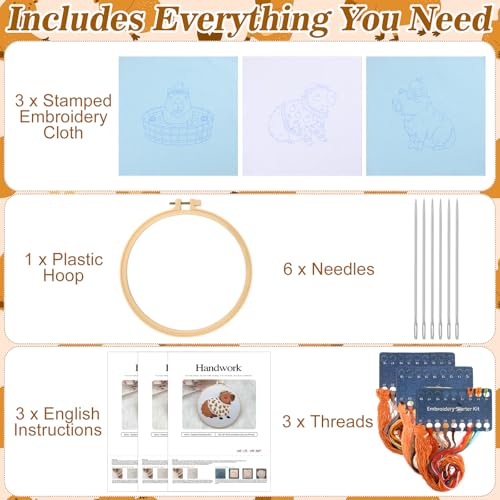 Image of Mindsoft 3 Set Needlepoint Kit for Beginners with Hoop,Capybara | Bamboo Hoop Thread Needles Instructions, Easy Hand Embroidery for Beginners Home Crafts,Pre-stamped Funny Cute Designs