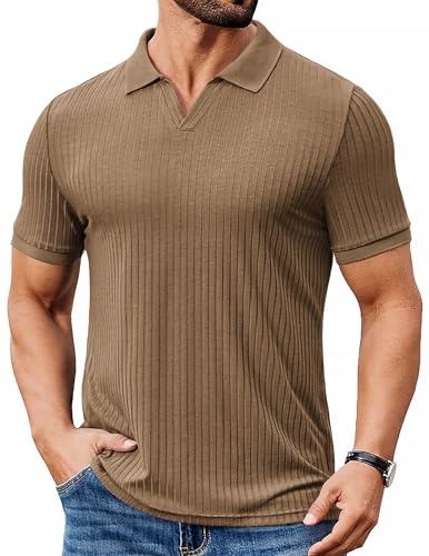 COOFANDY Men's Textured Polo Shirts Short Sleeve V Neck Slim Fit Casual Button Polo T-Shirt Summer Collared Golf Shirt Khaki