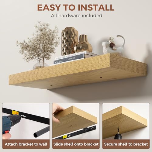 Image of Dreamland Floating Shelves for Wall,8 Inch Deep Floating Shelves,24 inch W x 8 inch D Wall Shelves for Bedroom, Living Room, Kitchen, Bathroom,Oak Color,Set of 2