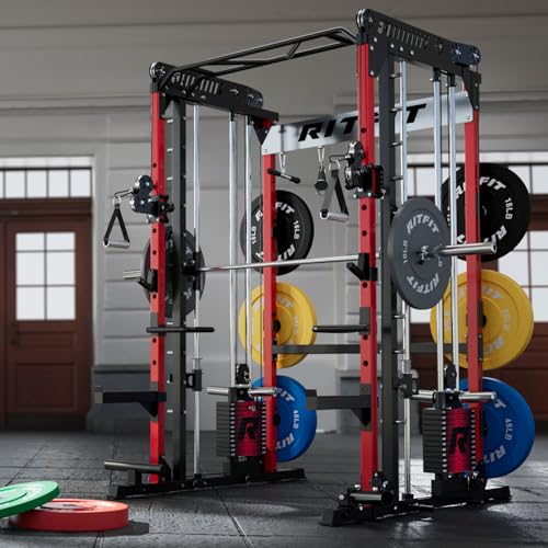 Image of RitFit M1 Pro Smith Machine Package, All-in-One Power Cage with Weight Stack Set, Includes LAT Pulldown & Cable Crossover System for Home Gym
