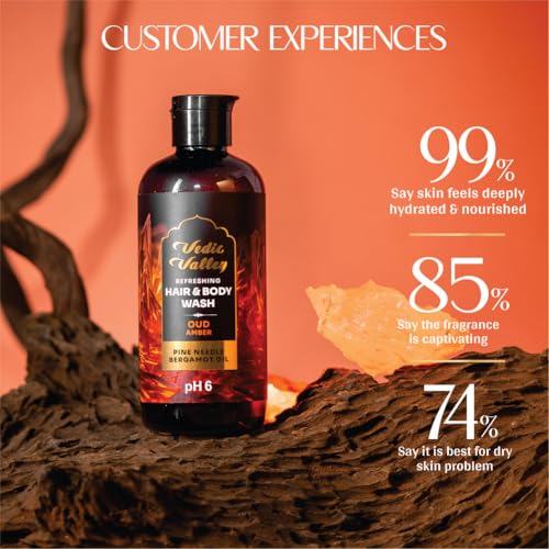 Image of VEDIC VALLEY Natural 3-in-1 Refreshing Oud Amber Hair & Body Wash for Dry skin | Paraben Free Shower Gel for Women & Men Helps Body Acne, Nourished Skin & Shiny Hair| 300 ml