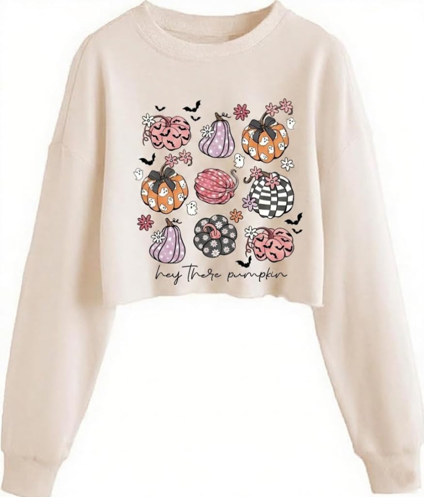 Womens Halloween Crop Sweatshirt Funny Fall Witch Spooky Pumpkin Graphic Pullover Long Sleeve Shirt