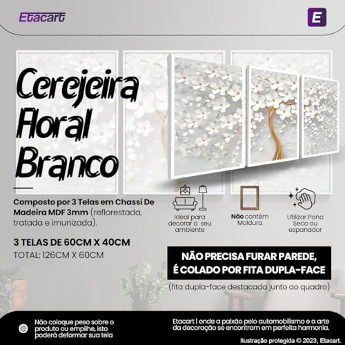 Quadros Decorativos Cerejeira Floral Branco Parede Sala Quarto Dourado