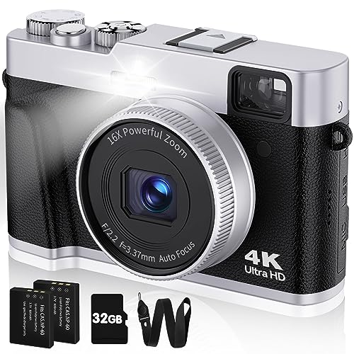 CAMKORY Camara de Fotos Digital 4K 48MP Autofoco Tarjeta 32G Visor Optico Cámara Digital Compacta Fácil de Usar Zoom 16x Flash Estabilización Imagen Ligero para Principiante 2 Baterías Negro