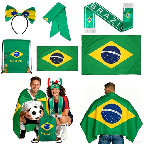 2026 Soccer Fan Gift Set Brazil Flag Patriotic Accessories Bundle Includes Flag Cape Headband Scarf Hair Hoop Drawstring Bag for World Cup Sports Events Party Parade(Brazil)