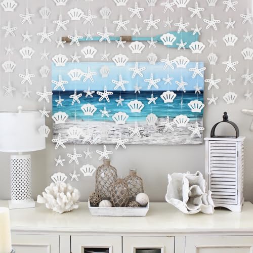 Image of 8 Pack Pearlescent Starfish & Shell Paper Hanging Decorations - Coastal Nautical Garland for Under the Sea, Beach Wedding, Mermaid Party, Birthday, Baby Shower, and Ocean-Themed Party Decor