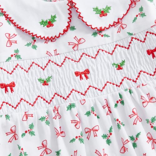 Newborn Baby Girl Christmas Footed Romper Holly Leaves Bow Print Peter Pan Collar Long Sleeve Smocked Jumpsuit3