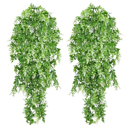 CATELL 2 Piezas Plantas Artificiales Colgantes 70 cm, Plástico Planta Artificial Colgante Plantas Colgantes Artificiales para Balcón Jardín Cocina Baño Sala de Estar Hogar (Blanco)