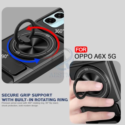 Image of AESTMO Oppo A6S / Oppo K14X / Oppo A6X 5G Back Cover | Armor Camera Slider 360 Degree Rotating Finger Ring Holder Case with Bracket Stand Back Case Cover (Compatible with MagSafe) Accessories (Black)