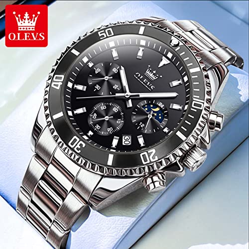 Olevs Watch Men Silver Stainless Steel Watches For Men Luxury Chronograph Male Watch Black Dial Men's Wristwatch Reloj Para Hombre #TOP2