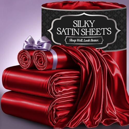 DECOLURE Satin Bed Sheets - 4 Piece Luxury Silky King Size Bedding Set - Softer Than Silk, Wrinkle-Free with 15” Deep Pocket Fitted Sheet, Perfect for Hair & Skin, Gifts for Women (Red)