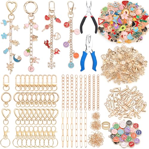 485 Pcs Charms Lip Gloss Keychain Making Kit DIY Bag Charm Kit Including 40 Key Chain Hooks 30 Extender Chains 212 Gold Charms & Letter 200 Jump Rings 1 Plier and 1 Puncher for Craft Supplies