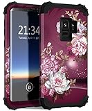 Hocase Galaxy S9 Case, SM-G960 Case, Heavy Duty Shockproof Protection Hard Plastic+Soft Silicone Rubber Hybrid Dual Layer Protective Phone Case for Samsung Galaxy S9 2018 - Burgundy Flowers