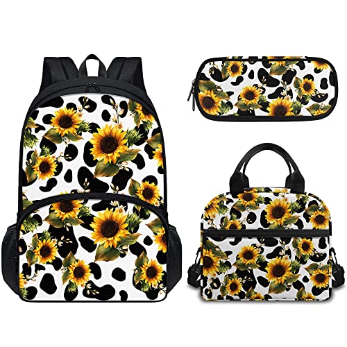Dreaweet Sunflower Cow Backpack for Girls with Lunch Box Cute Bookbag for Teen Girls with Lunchbox Middle School Bag Set Book Bag Lunch Bag Combo