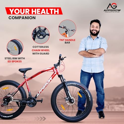 Image of Jaguar Fat Bike 21 Speed Multi Front Suspension Dual Disc Brake Branded Tyre 26 T Fat Tyre Cycle (21 Gear, Red, Black, Only Front Suspension)