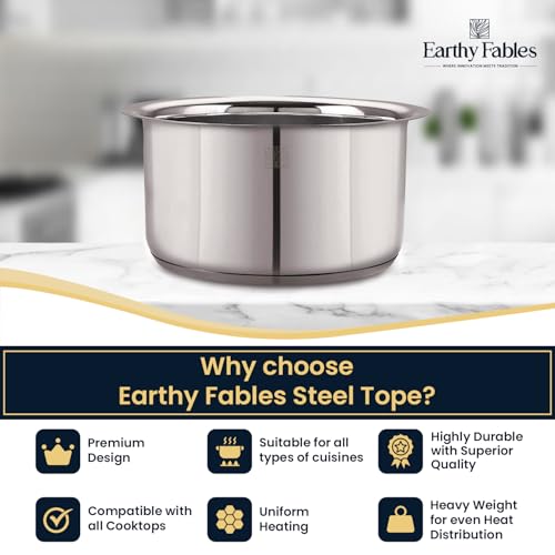 Image of Earthy Fables Stainless Steel Heavy Bottom Tope /Patila /Bhogona /Tapia for Milk, Boiling, Better Nutrition & Heat Distribution, Uses Less Oil & Gas, Stove & Induction Bottom, 22 cm, 4.5L
