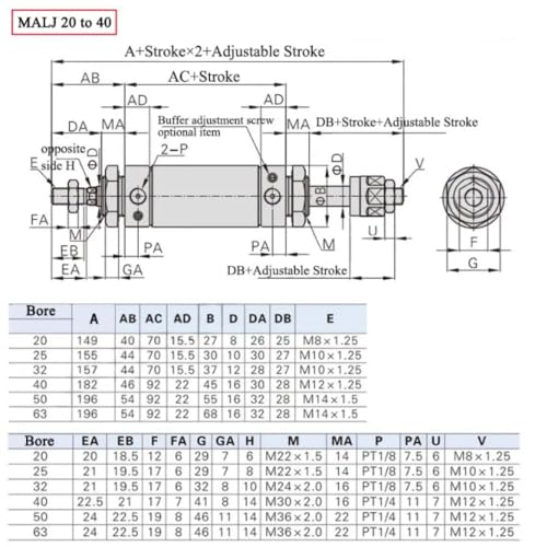 Cilindro neumático MALJ con carrera ajustable e imán integrado de aleación de aluminio 5