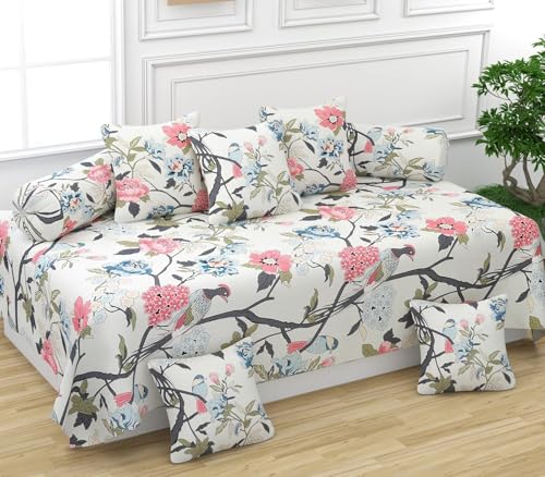 Image of Cotton Diwan Set Covers |8 Pieces Diwan Cover Set|300 TC Fabric| Pure Cotton Printed Deewan Set (1 Single Bedsheet, 2 Bolster Covers, 5 Cushion Covers)|White Petals |SZDS 021