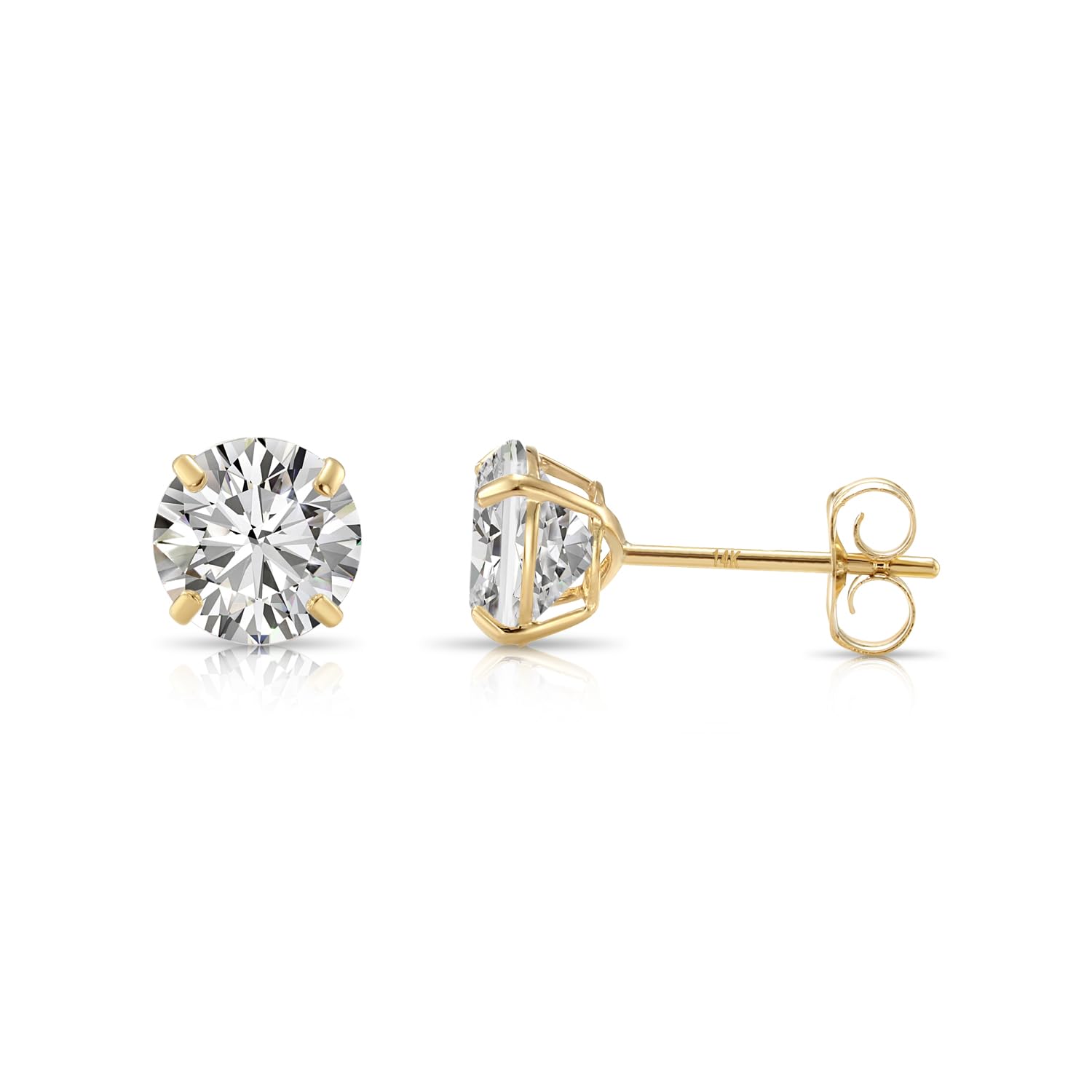 14k Yellow Gold Solitaire Round Cubic Zirconia CZ Stud Earrings with Gold butterfly Pushbacks