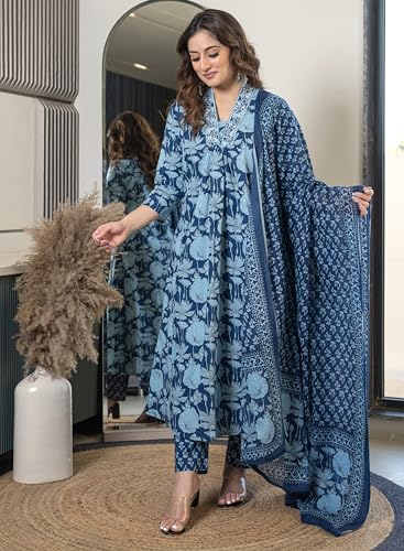 Image of Arayna Women's Pure Cotton Block Printed Ethnic Wear Kurta Set with Palazzo & Dupatta