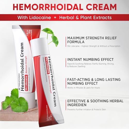 Image of Treatonic Hemorrhoid Treatment Cream: 5% Lidocaine Hemorrhoid Cream for Numbing Relief of Pain, Burning, Itching, Discomfort, & Swelling - Fissure & Hemorrhoids - 1.76 oz