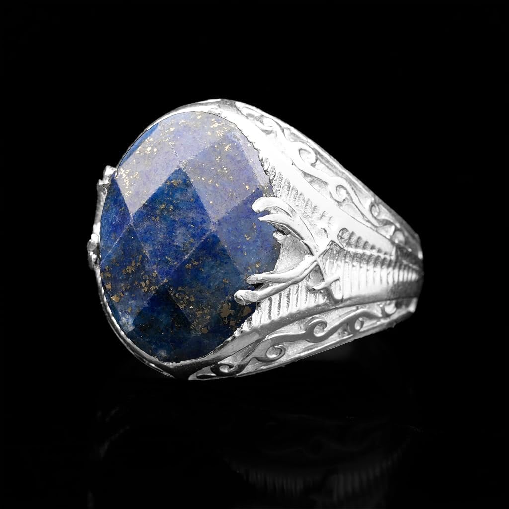 Natural Faceted Crystal Ring Men's Sword Design Anti-Tarnish 925 Sterling Silver Oval Solitaire Gemstone Dainty Statement Healing Crystal Birthstone Luck Handmade Turkish Fine Jewelry