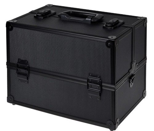 TMS® Black Aluminum Makeup Cosmetic Jewelry Storage Case Box Lockable w/Tiers Strap