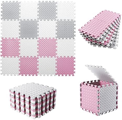 Tamiplay 16 Tiles Foam Play Mat, 0.4 Inch Thick Foam Interlocking Floor Mats, Soft Eva Baby Play Mat, Solid Colored Puzzle Play Mat Kids Floor Mats for Toddler with Storage Bag(White/Light Gray/Pink)