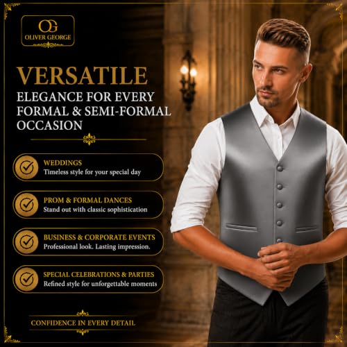 Image of Oliver George 4pc Men's Solid Formal Suit Waistcoat Tuxedo Dress Vest Necktie Bowtie Handkerchief Set for Suit or Tuxedo