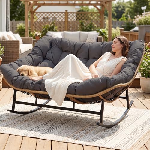 Image of NICESOUL Double Wide Rocking Papasan Chair Outdoor Indoor for 2, PE Wicker Patio Rocking Chair with Cushion and Frame, 700 lbs Heavy Duty Big Comfy Lounge Chair for Porch, Balcony & Living Room, Grey