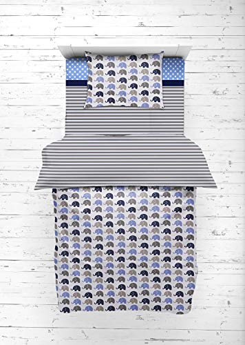 Bacati - Elephants Blue/Grey 4 Pc Toddler Bedding Set 100 Percent Cotton Includes Reversible Comforter, Fitted Sheet, Top Sheet, And Pillow Case For Boys #TOP7