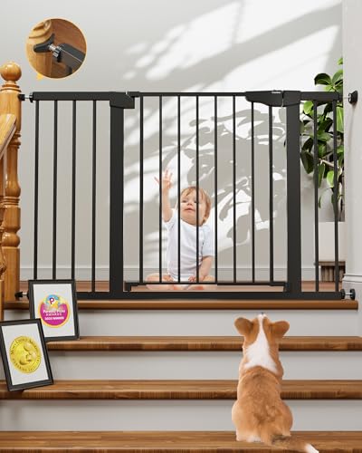Cumbor 29.7-48' Baby Gate for Stairs, Mom's Choice Awards Winner-Dog Gate for Doorways, Auto Close Safety Pet Gate for Dogs Indoor, Easy Install Pressure Mounted Child Gate with Walk Thru Door, Black