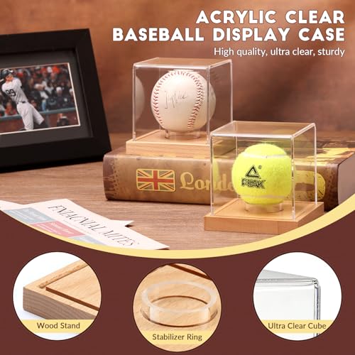 Image of Baseball Display Case, Clear Cube Baseball Holder with Wooden Base, Autograph Baseball Stand Box for Single Ball, Pine Wood, 2 Pack