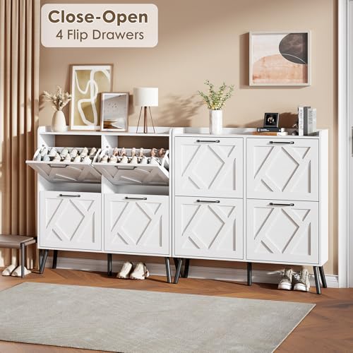 Image of Nicetree Shoe Cabinet with 4 Flip Drawers, Freestanding Shoe Organizer Cabinet with Metal Legs, Farmhouse Slim Shoe Rack Cabinet for Entryway, Foyer, Hallway, White