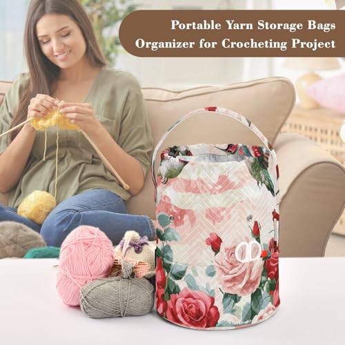 Image of Tatenale Crochet Bag Yarn Bag Knitting Project Bag with Pockets and Handle Portable Yarn Storage Organizer Tangle Free 8.3x11 InchPatriotic Red Roses and Hummingbirds38