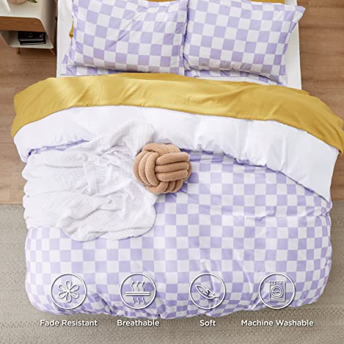 Image of Bedsure Duvet Cover Queen Size - Reversible Checkered Duvet Cover Set with Zipper Closure, 3 Pieces Purple Bedding Set with 8 Corner Ties and 2 Pillow Shams 20 inchx26 inch